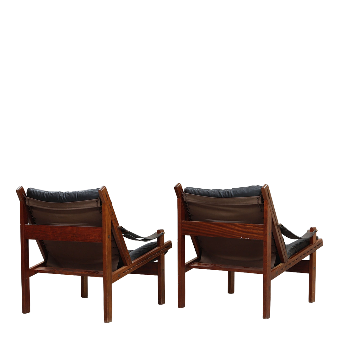 1970s Torbjørn Afdal : pair black leather and solid teakwood 