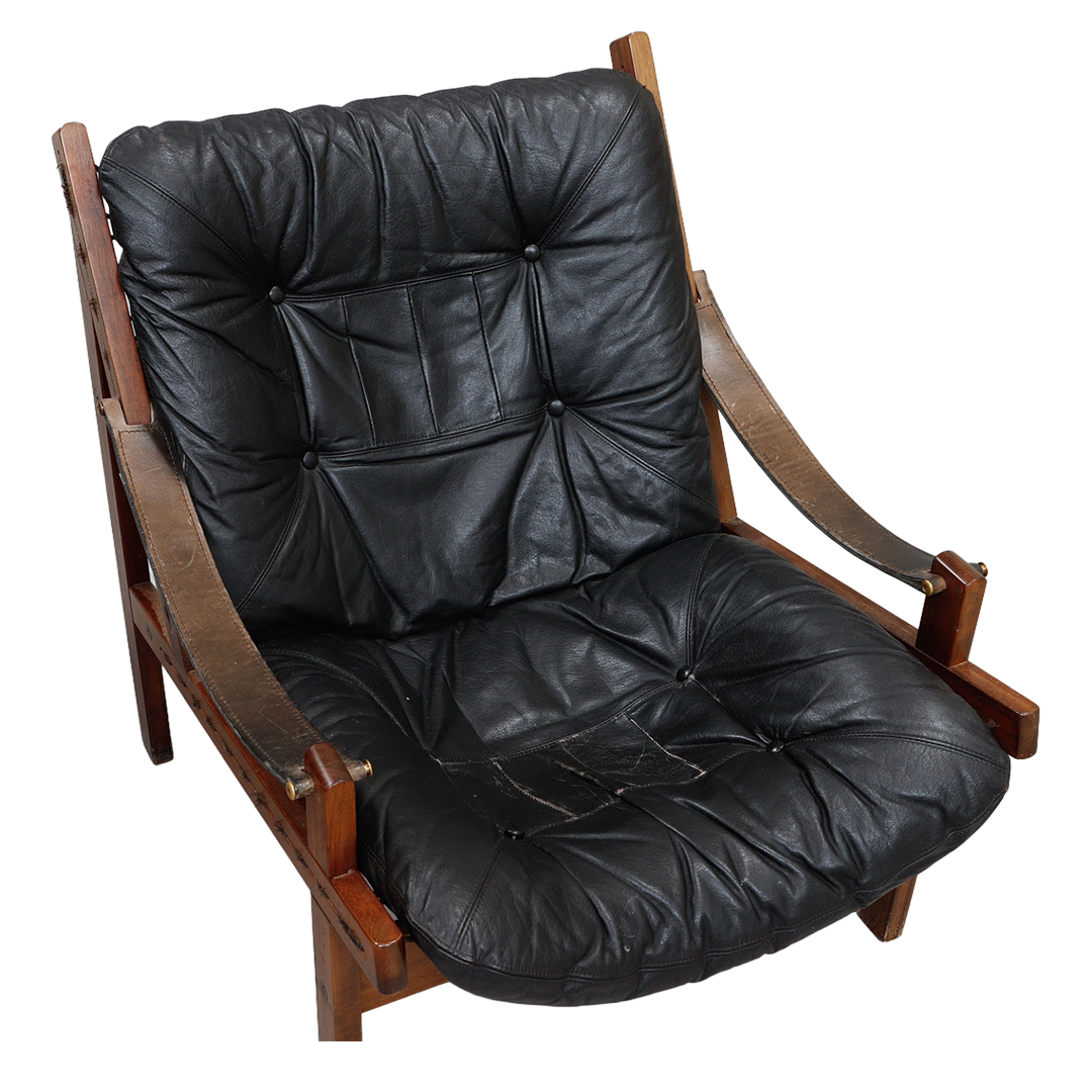 1970s Torbjørn Afdal : pair black leather and solid teakwood "hunter" chairs