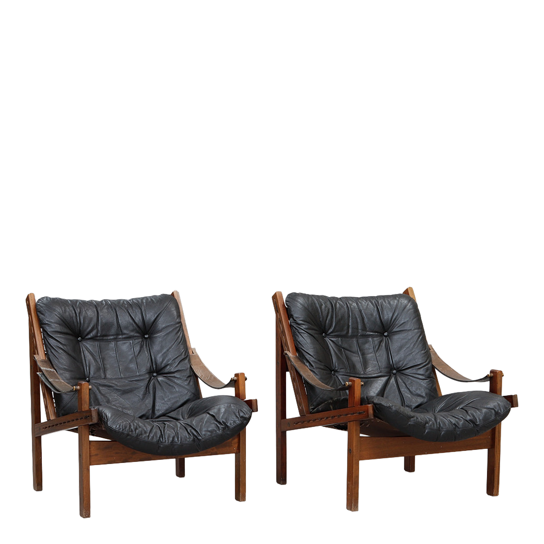 1970s Torbjørn Afdal : pair black leather and solid teakwood "hunter" chairs