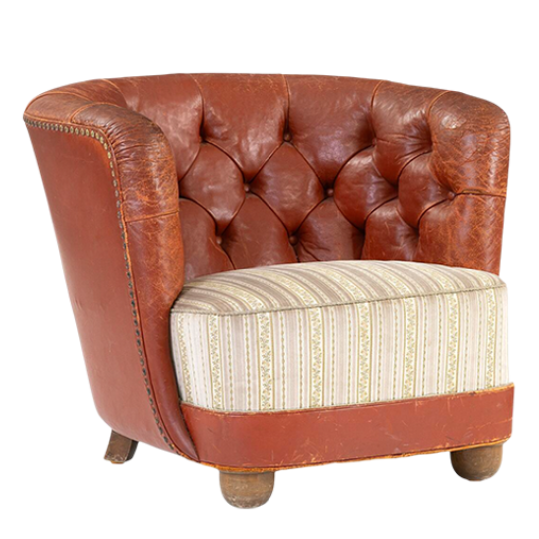 1930s Danish : pair of exceptional leather tufted club chairs