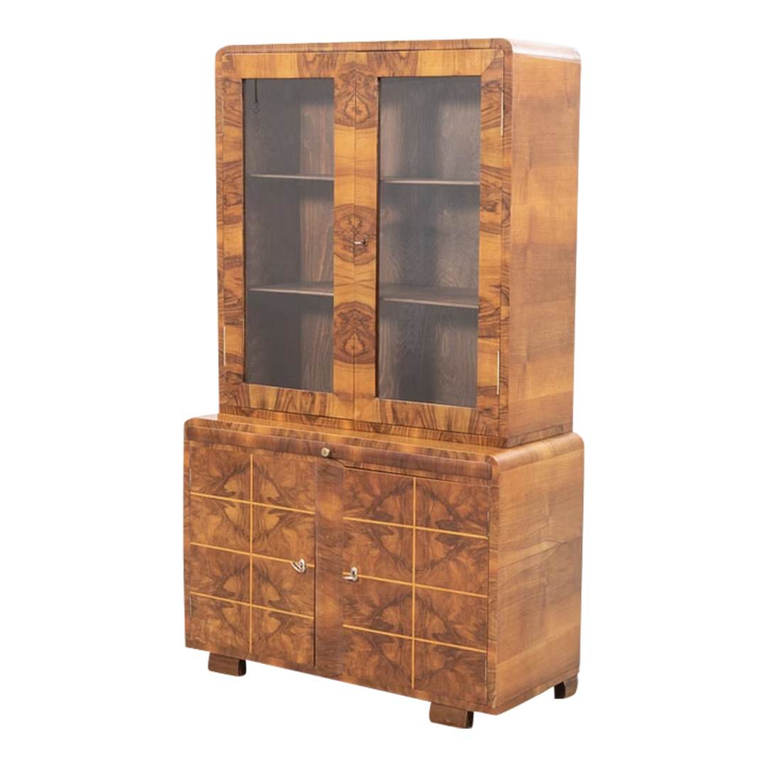 1930s Art Deco : display cabinet in blue walnut with inlay