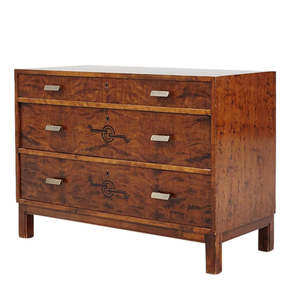 1930s Birchwood Chest : in birch rootwood with painted decor