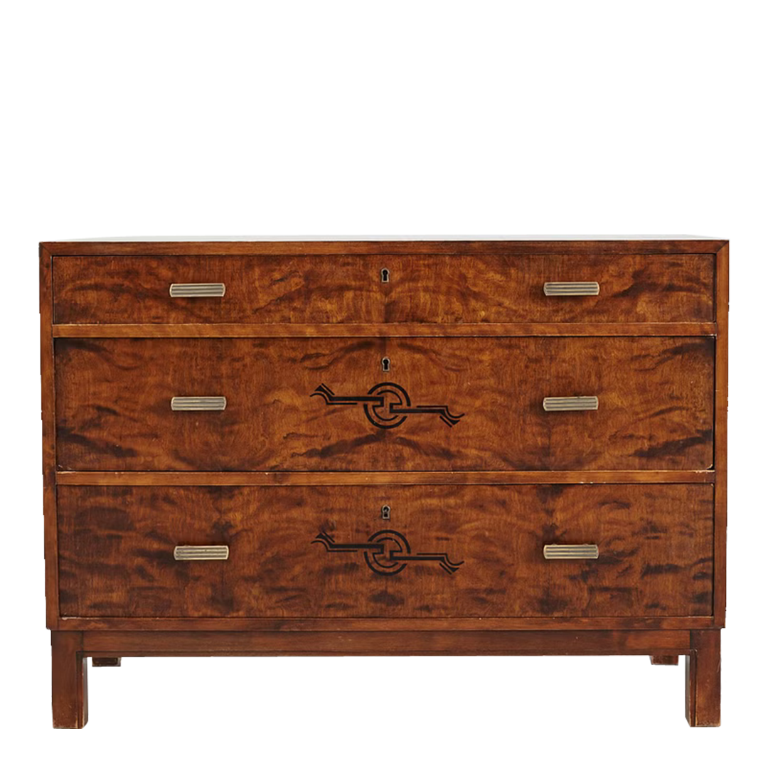 1930s Birchwood Chest : in birch rootwood with painted decor