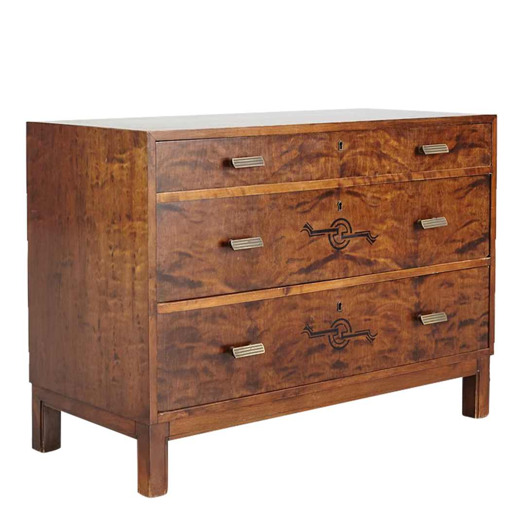 1930s Birchwood Chest : in birch rootwood with painted decor