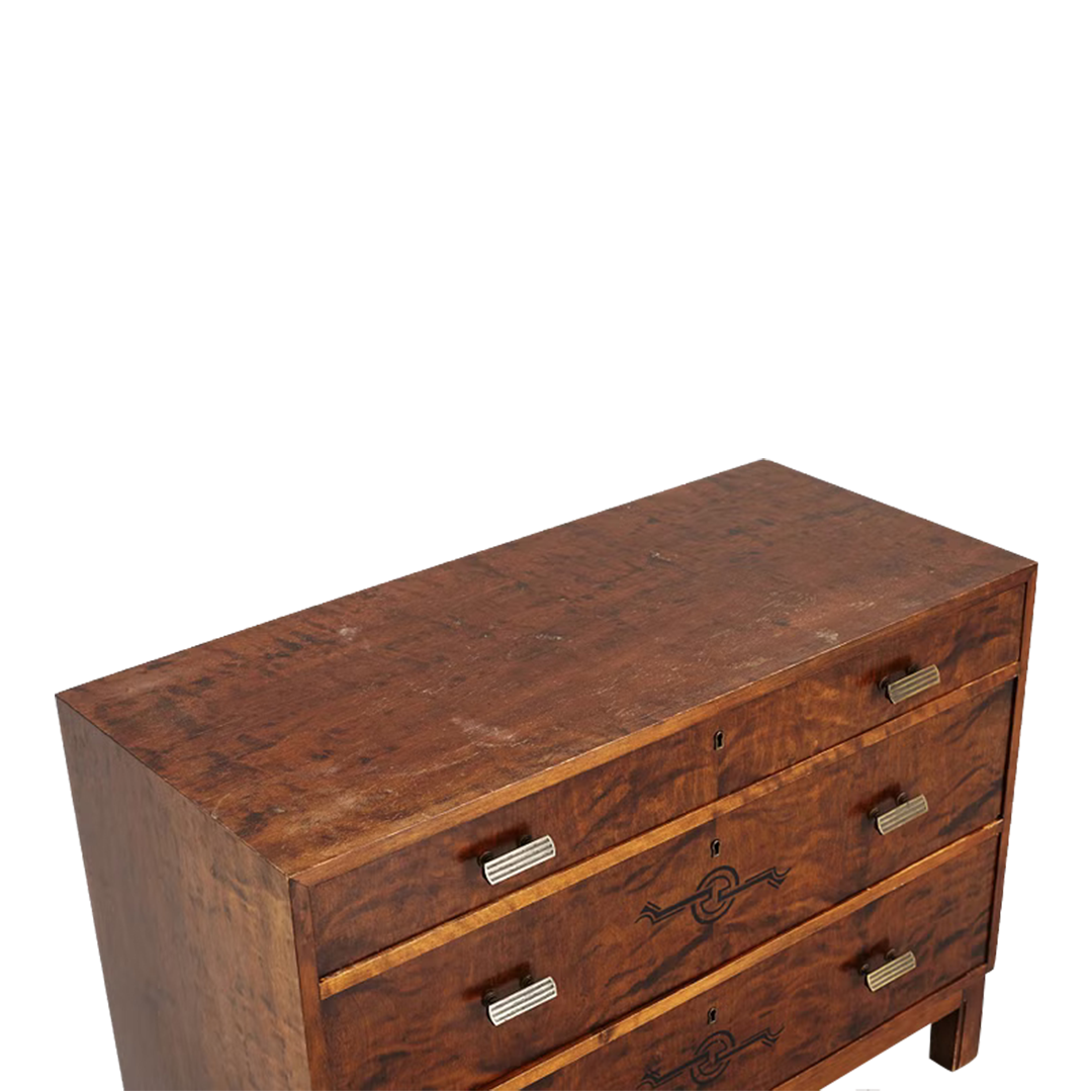 1930s Birchwood Chest : in birch rootwood with painted decor