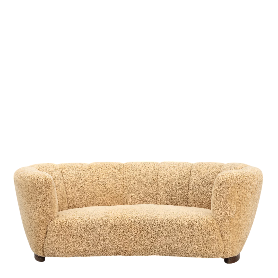 1930s Danish : classic 3-seat curved sofa, natural sheepskin