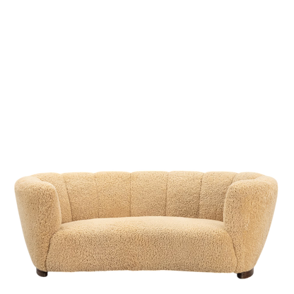 1930s Danish : classic 3-seat curved sofa, natural sheepskin
