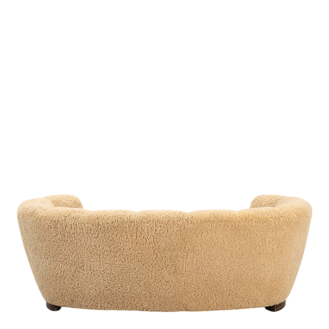 1930s Danish : classic 3-seat curved sofa, natural sheepskin