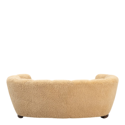 1930s Danish : classic 3-seat curved sofa, natural sheepskin