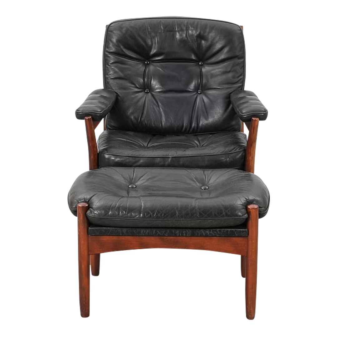 1970s Göte Möbler : black leather G-Möbel armchair + ottoman