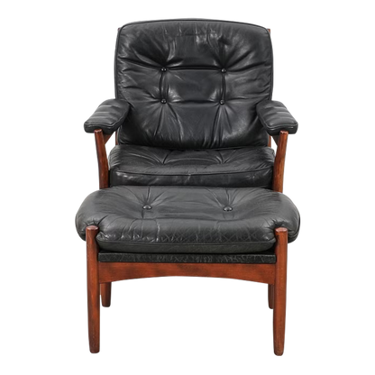 1970s Göte Möbler : black leather G-Möbel armchair + ottoman