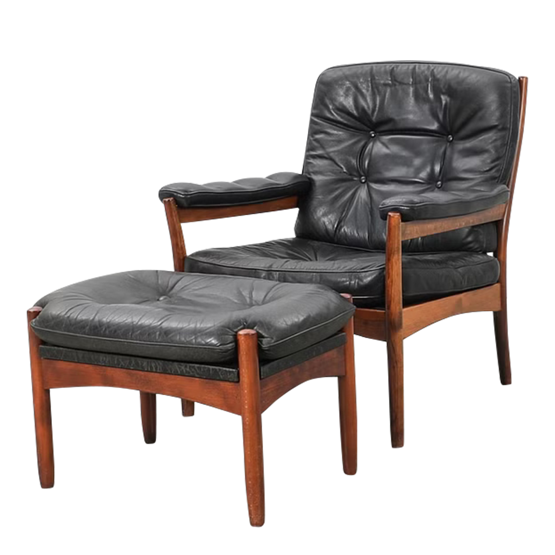 1970s Göte Möbler : black leather G-Möbel armchair + ottoman