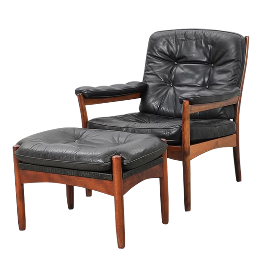 1970s Göte Möbler : black leather G-Möbel armchair + ottoman