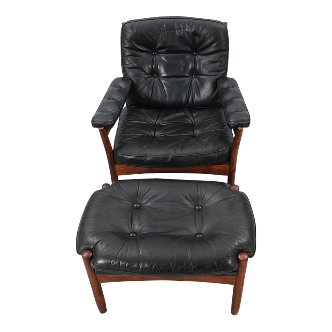 1970s Göte Möbler : black leather G-Möbel armchair + ottoman