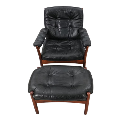 1970s Göte Möbler : black leather G-Möbel armchair + ottoman