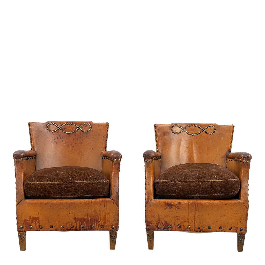 1930s Otto Schulz : pair Art Deco leather armchairs w/bo-point