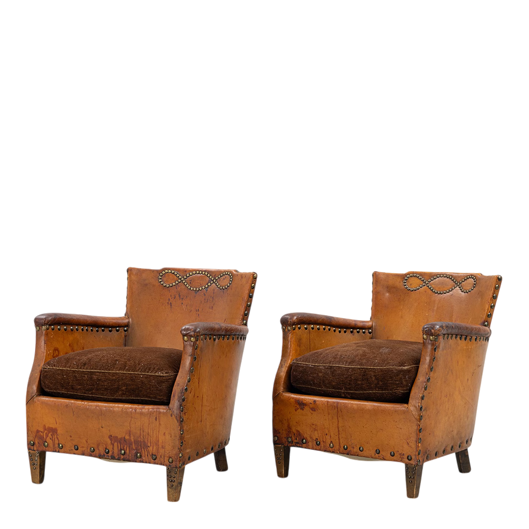 1930s Otto Schulz : pair Art Deco leather armchairs w/bo-point