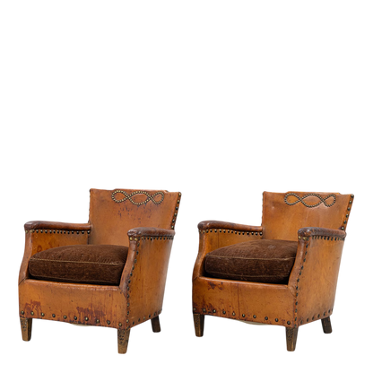 1930s Otto Schulz : pair Art Deco leather armchairs w/bo-point