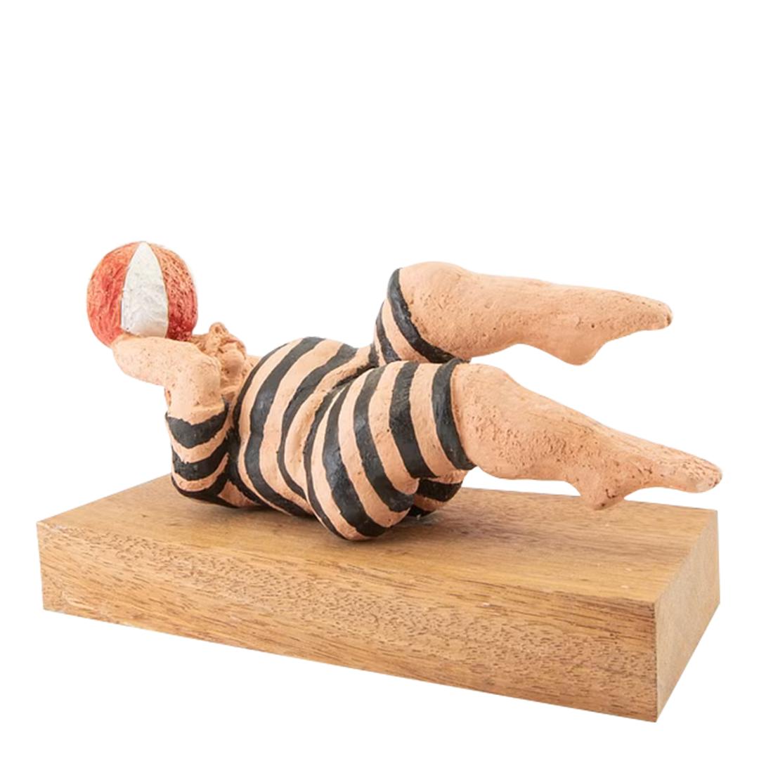 Late 20thc Tommy Assarsson : "swimmer with ball" polychrome terracotta