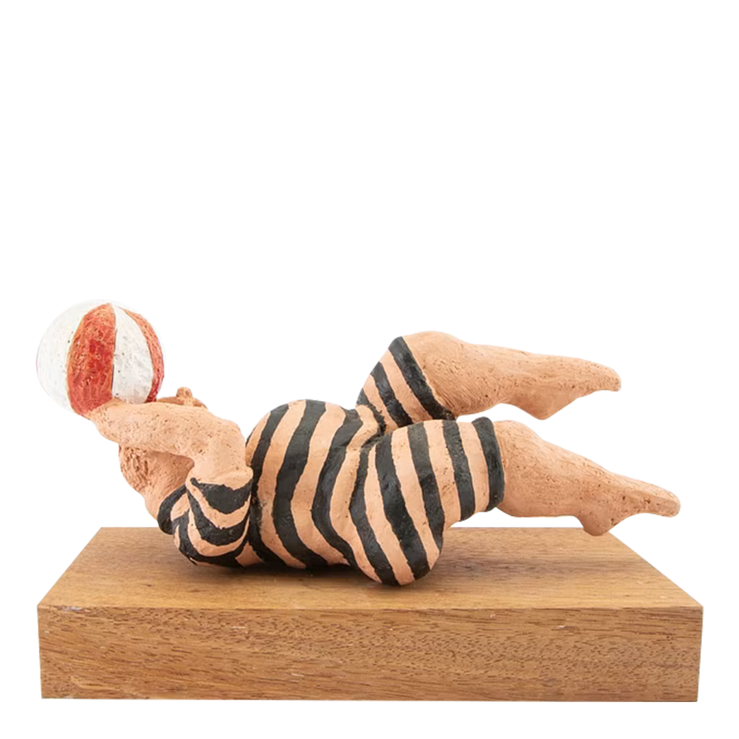 Late 20thc Tommy Assarsson : "swimmer with ball" polychrome terracotta