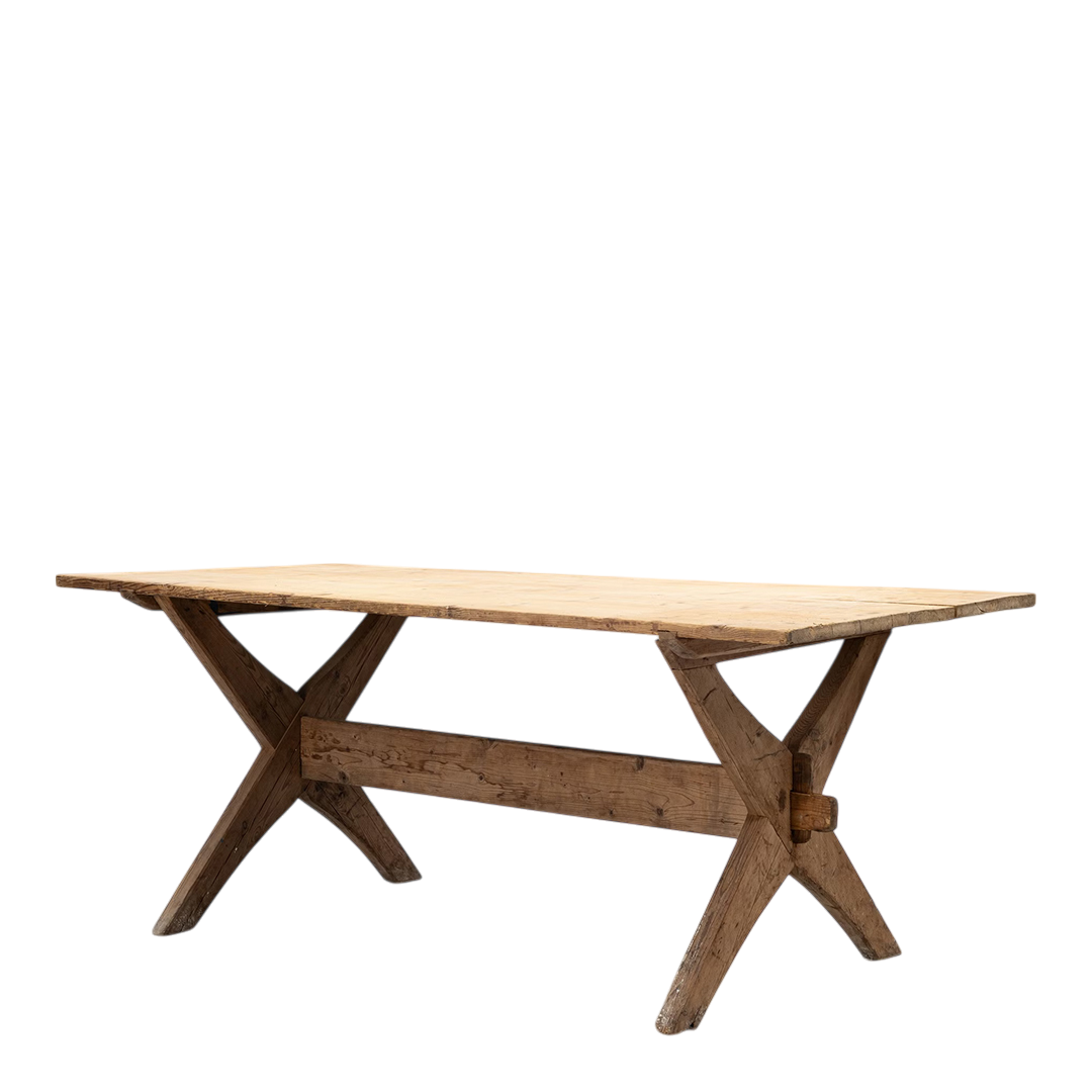 Early 20thc Swedish : solid pinewood trestle table, open joinery