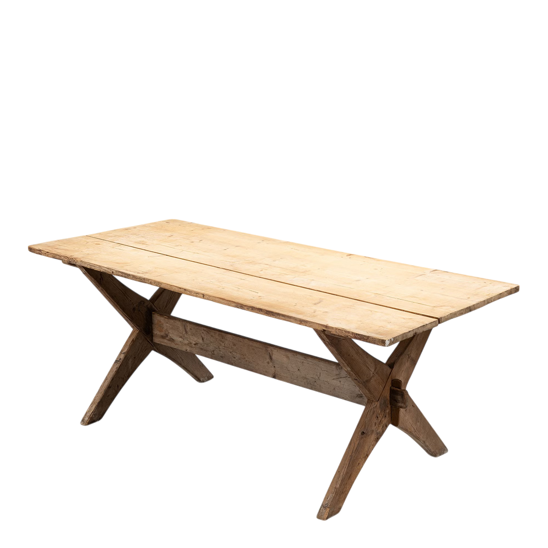 Early 20thc Swedish : solid pinewood trestle table, open joinery