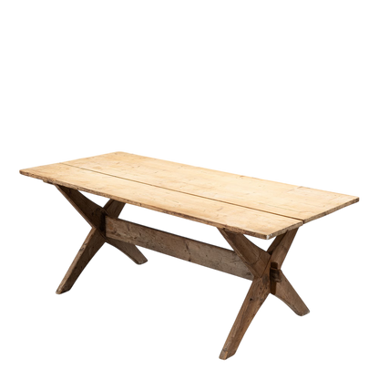 Early 20thc Swedish : solid pinewood trestle table, open joinery