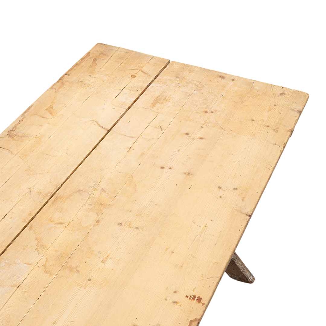 Early 20thc Swedish : solid pinewood trestle table, open joinery