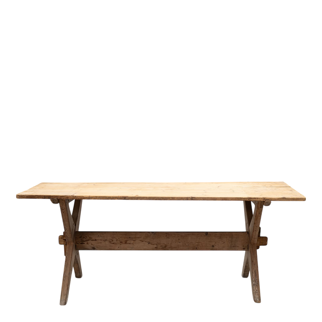 Early 20thc Swedish : solid pinewood trestle table, open joinery