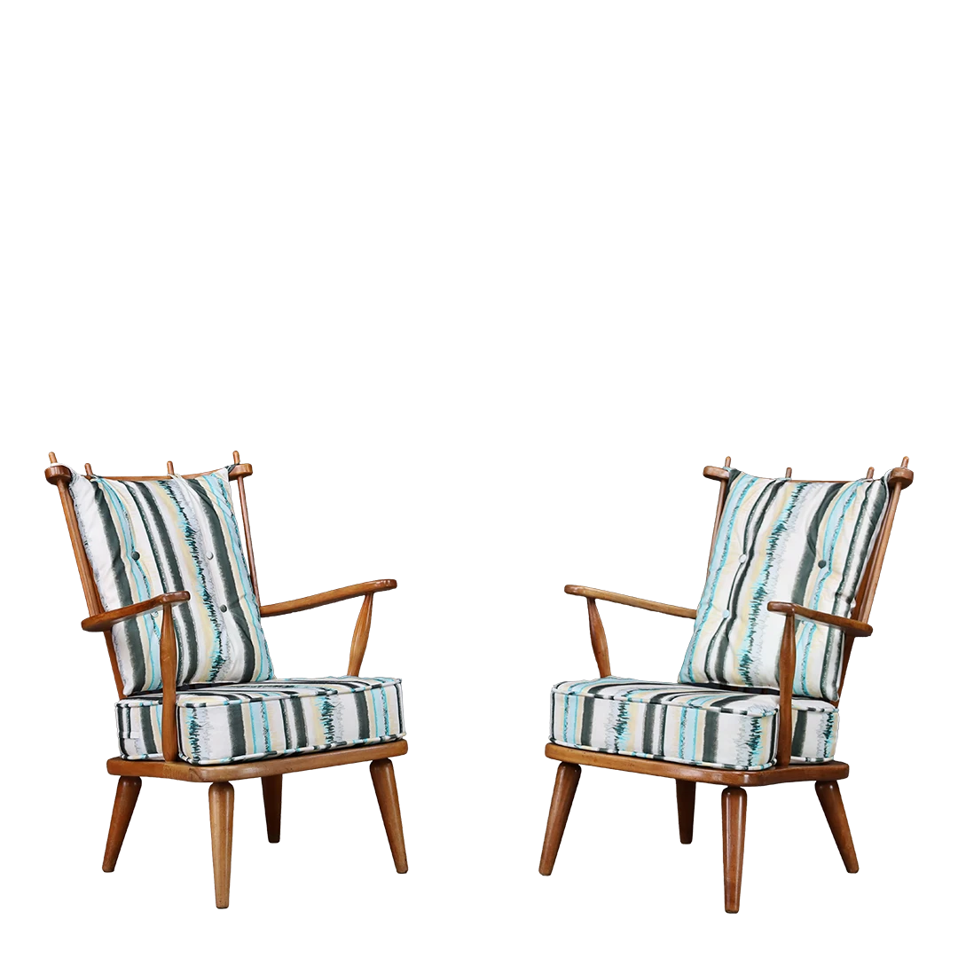 1950s Swedish : exceptional high-back spindle armchairs w/upholstered seat