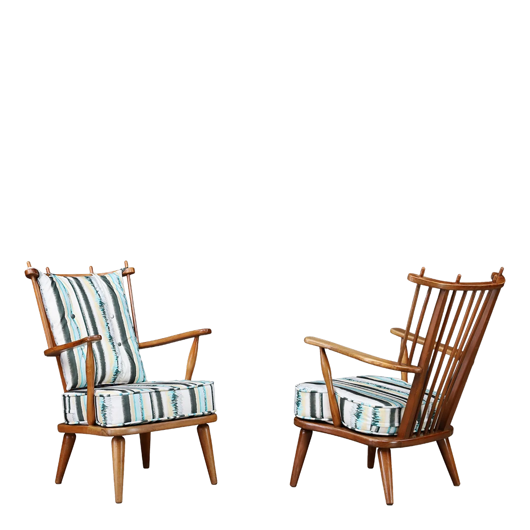 1950s Swedish : exceptional high-back spindle armchairs w/upholstered seat