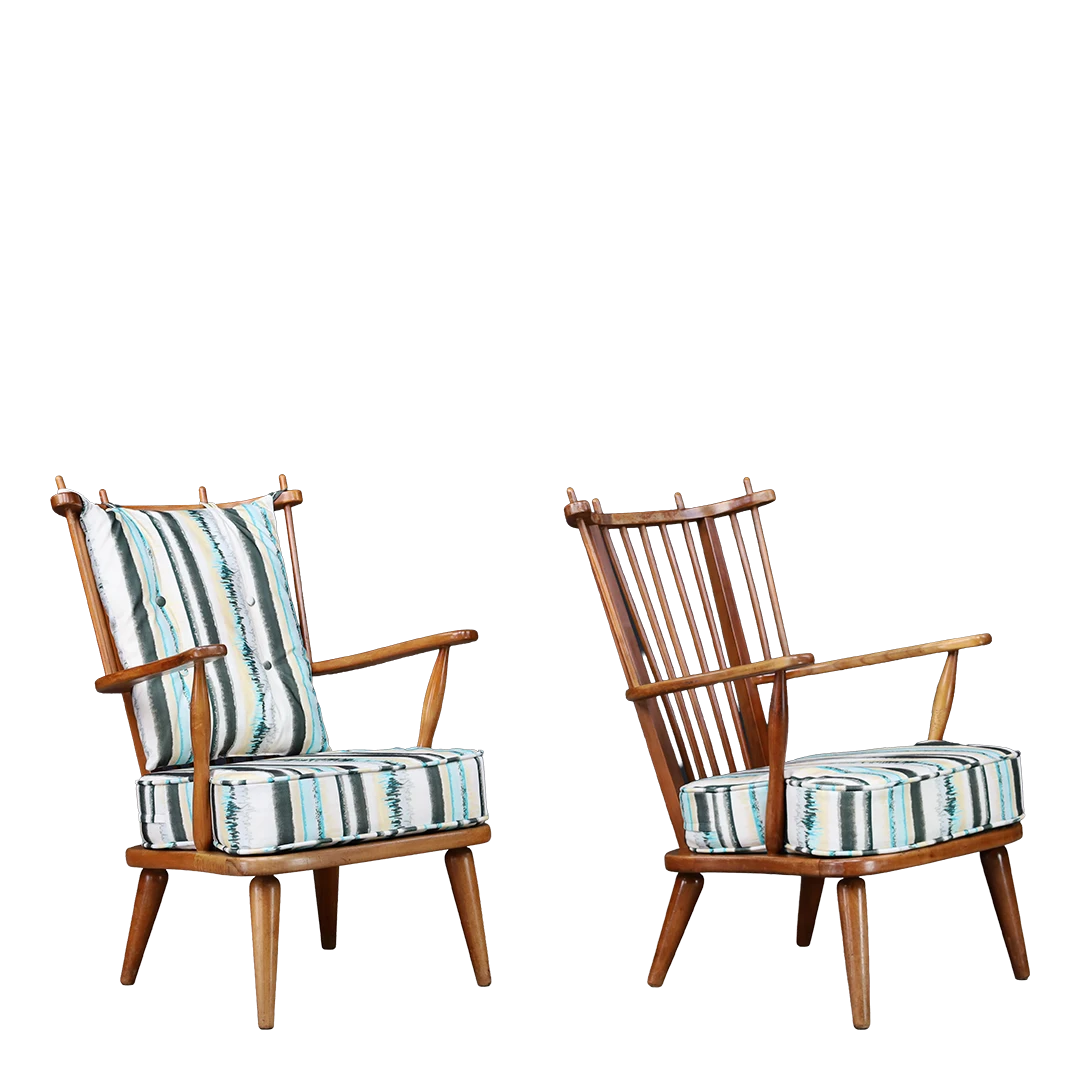 1950s Swedish : exceptional high-back spindle armchairs w/upholstered seat