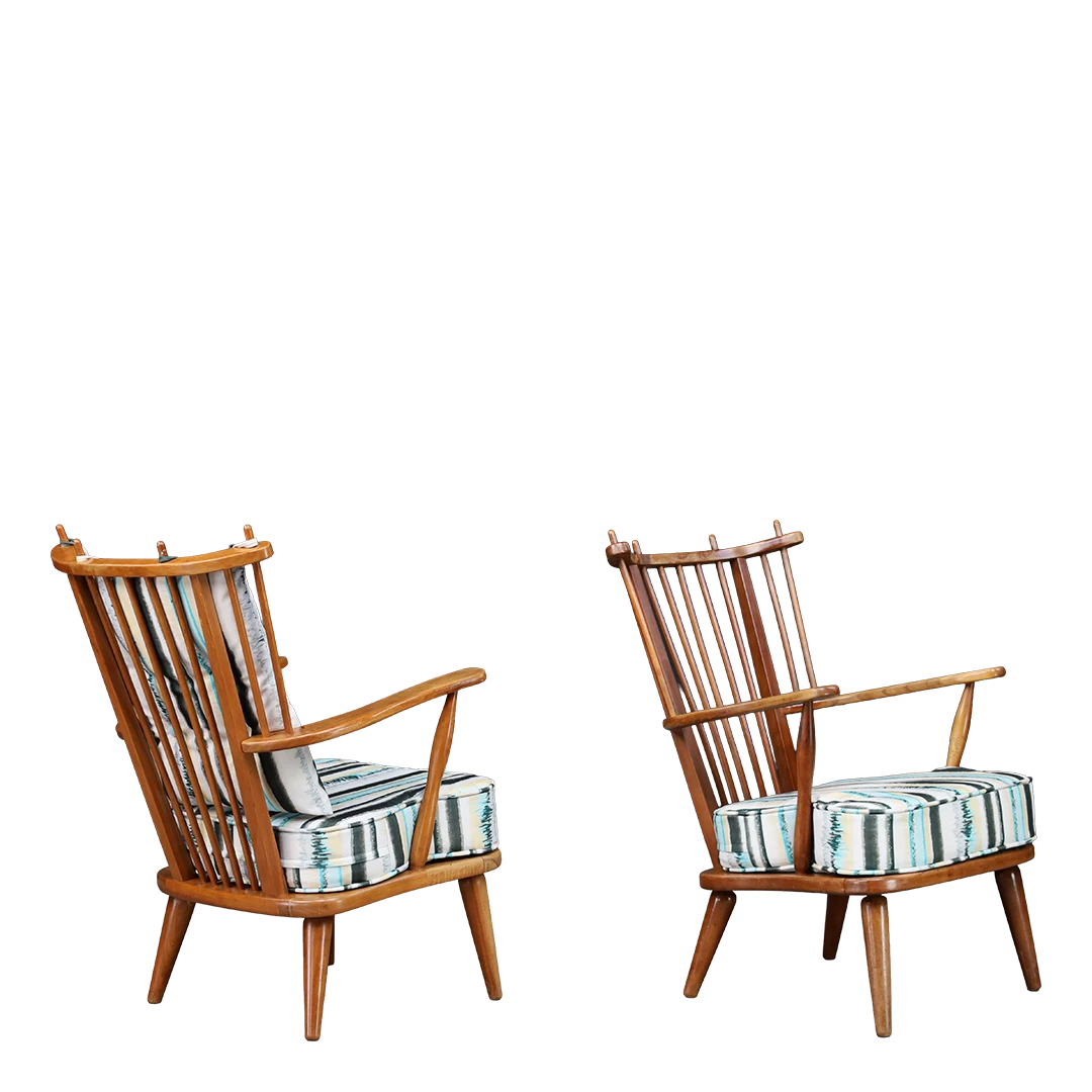 1950s Swedish : exceptional high-back spindle armchairs w/upholstered seat