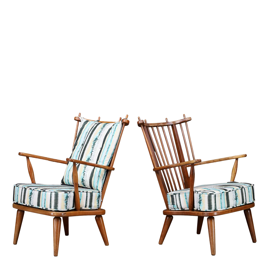 1950s Swedish : exceptional high-back spindle armchairs w/upholstered seat