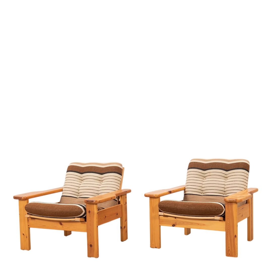 1969 Yngve Ekström : pair pinewood "Kontra" lounge chairs