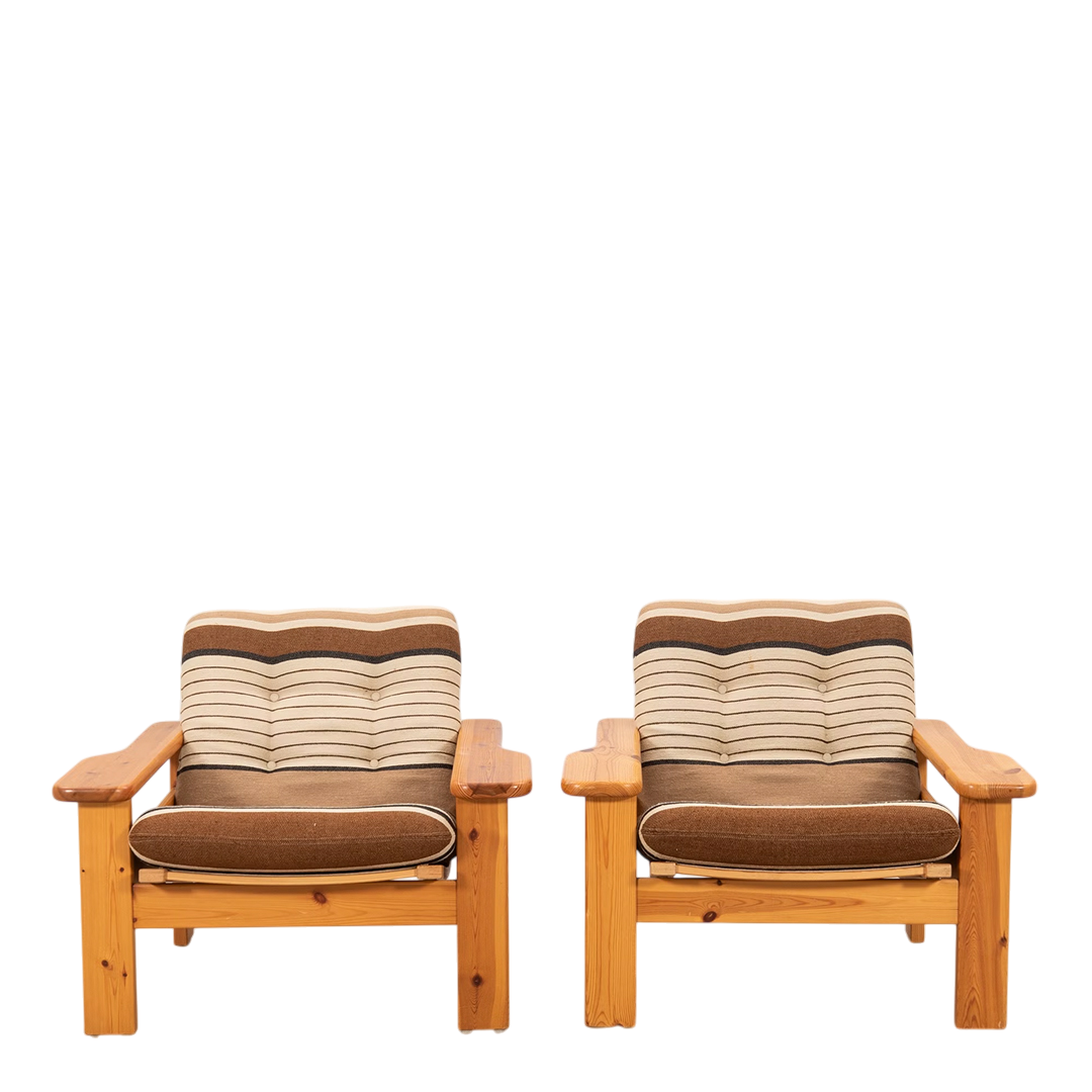 1969 Yngve Ekström : pair pinewood "Kontra" lounge chairs