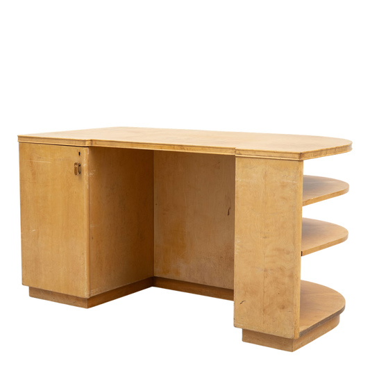 1940s Axel Larsson : "1000 Series" flame birch desk, Bodofors