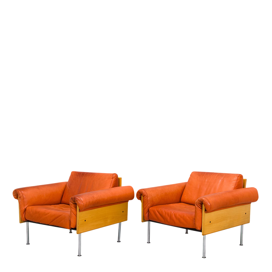 1970s Yrjö Kukkapuro : pair of orange leather & birch "Ateljee" lounge chairs