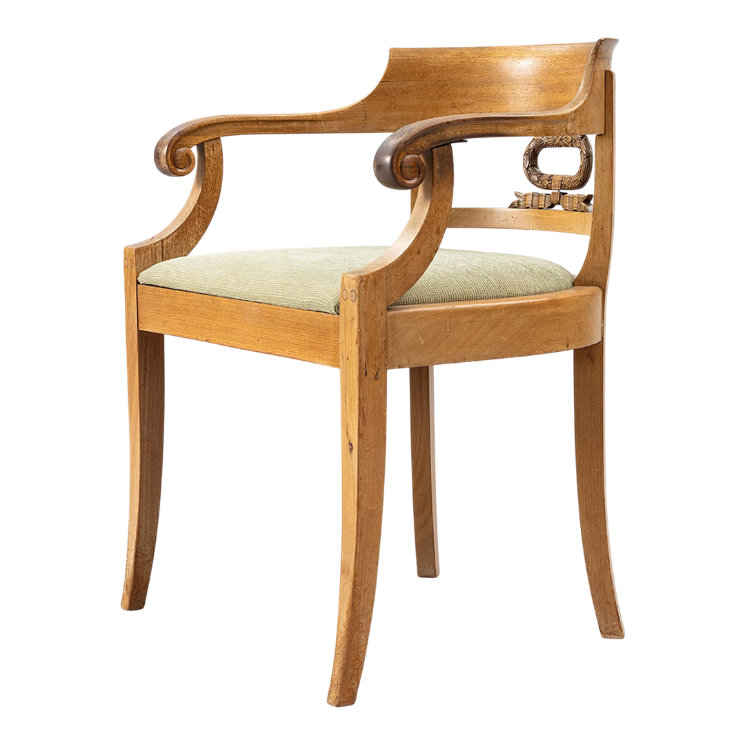 1830s Karl Johan : scroll arm mahogany armchair w/laurel leaf detail