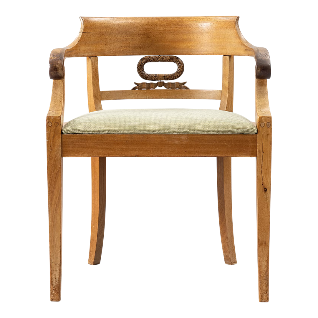 1830s Karl Johan : scroll arm mahogany armchair w/laurel leaf detail