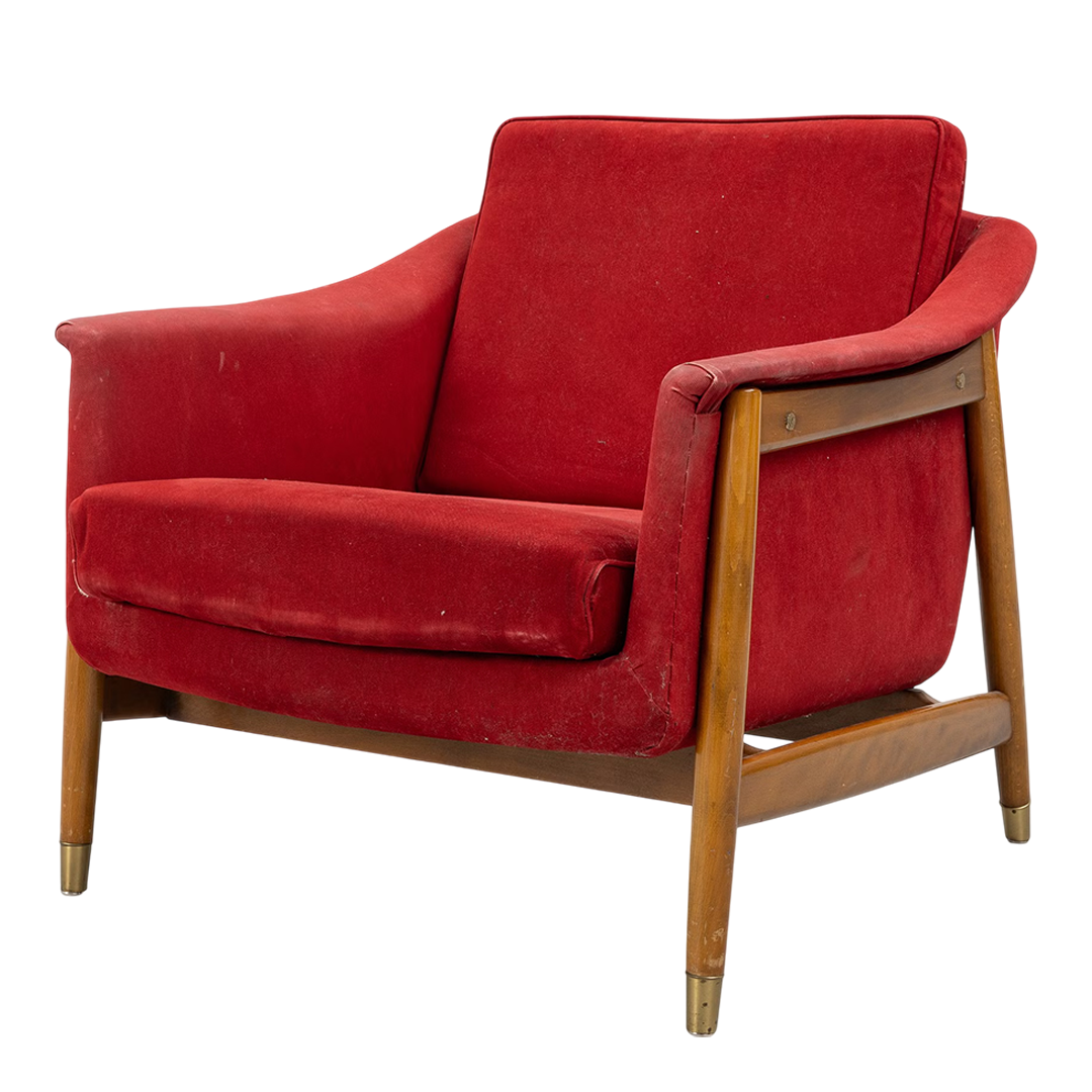 1960s Folke Ohlsson : red velvet & beech "Scania" lounge chair, DUX