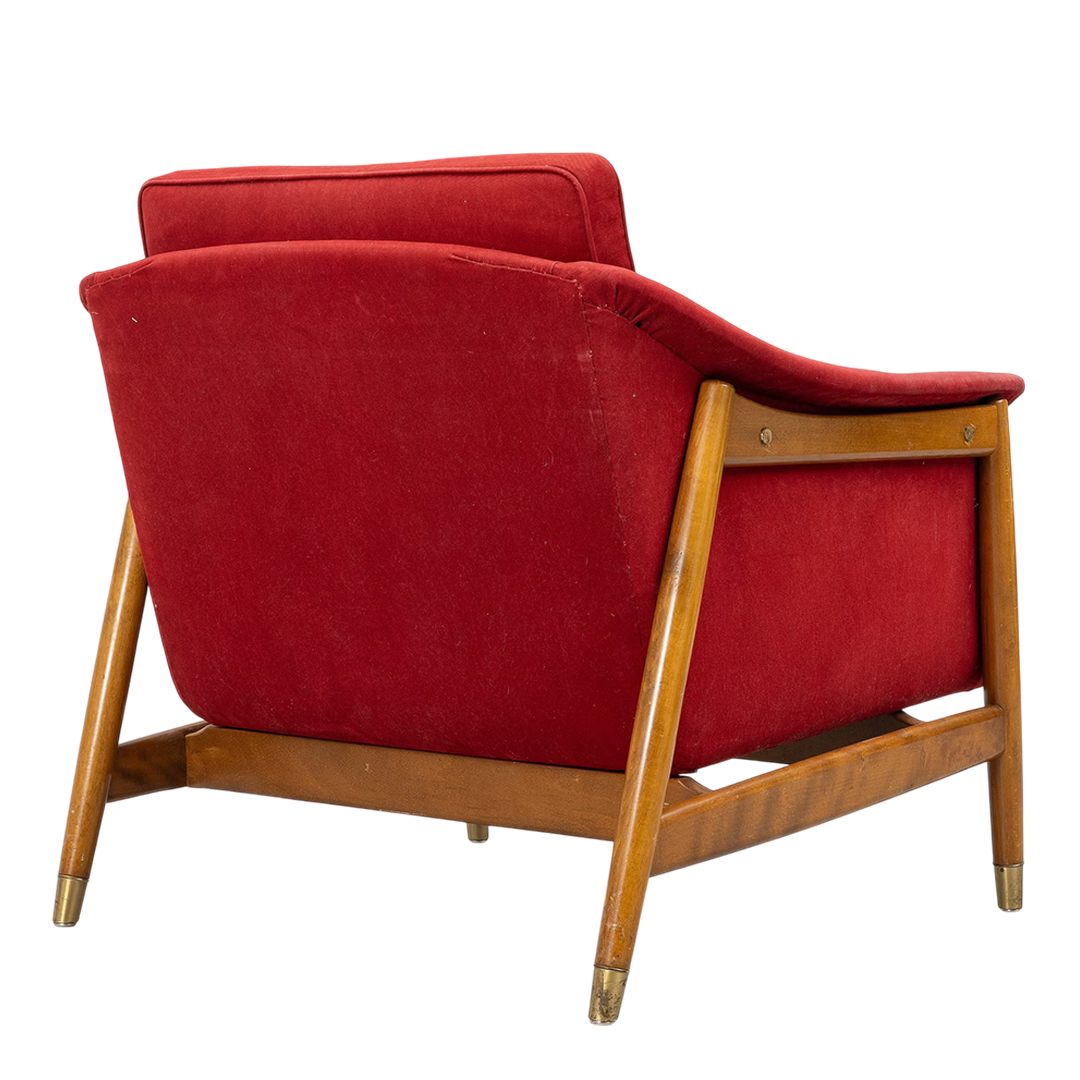 1960s Folke Ohlsson : red velvet & beech "Scania" lounge chair, DUX
