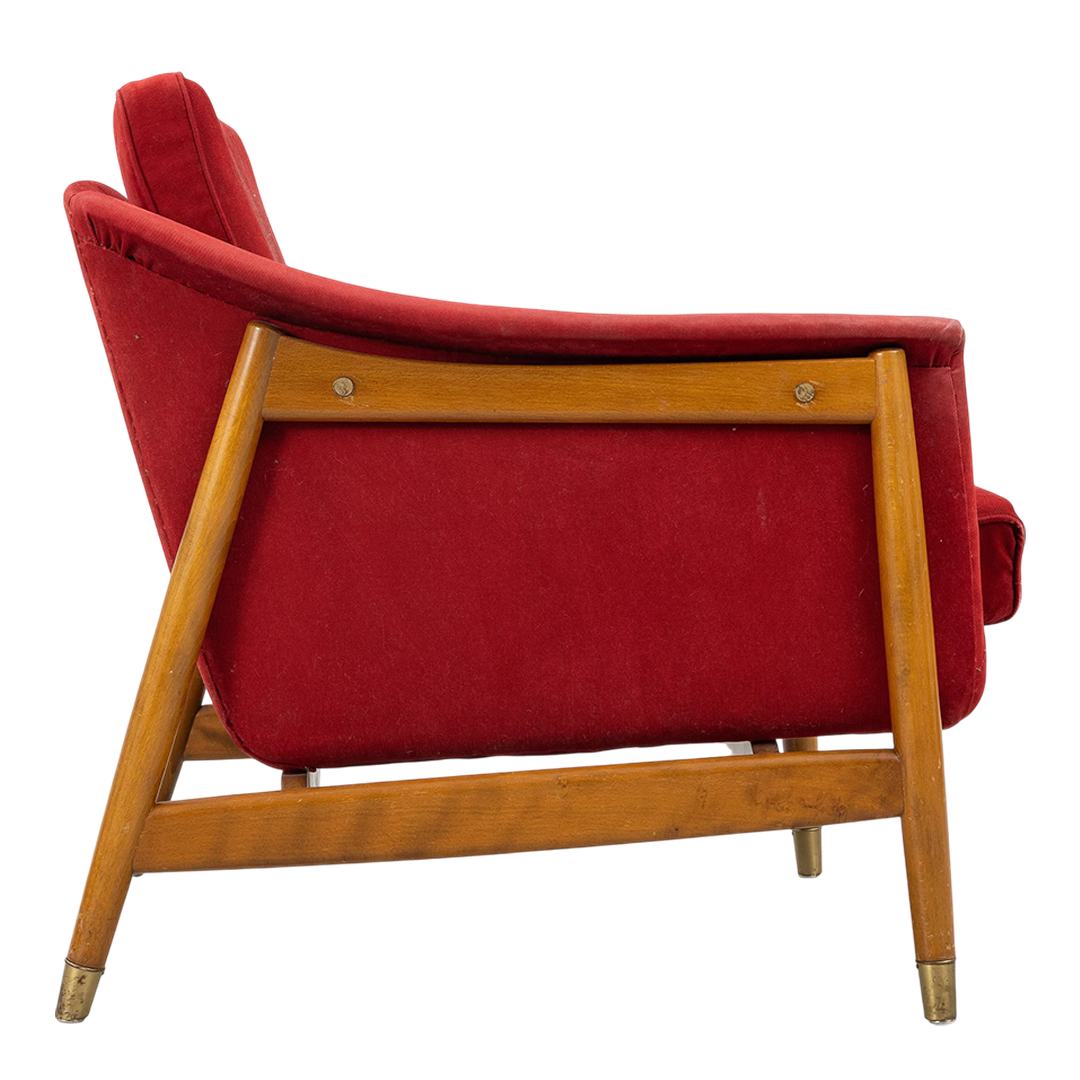 1960s Folke Ohlsson : red velvet & beech "Scania" lounge chair, DUX