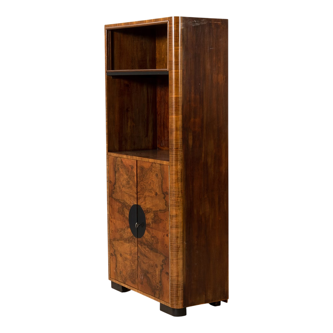 1920s Northern European : burl walnut 67" tall Art Deco cabinet