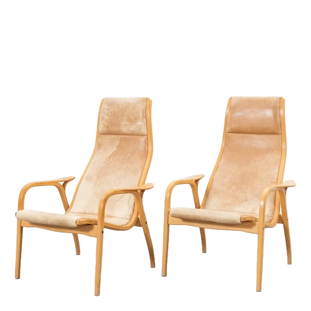 1956 Design : Yngve Ekström tall-back "Lamino" in light leather, Sweden