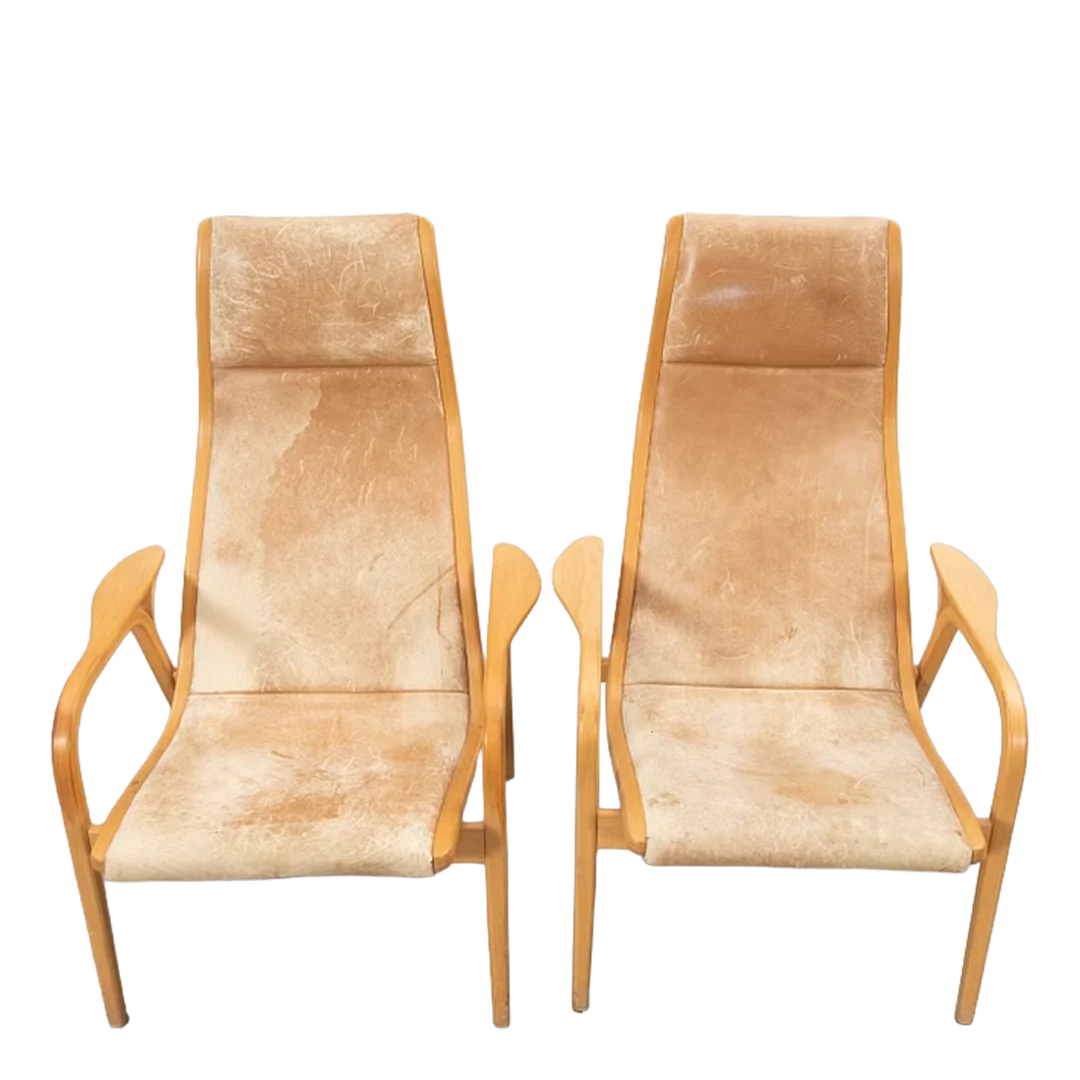 1956 Design : Yngve Ekström tall-back "Lamino" in light leather, Sweden