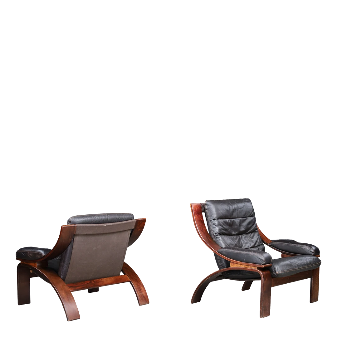 1970s Dutch COJA : bent beechwood and black leaher armchair, Netherlands