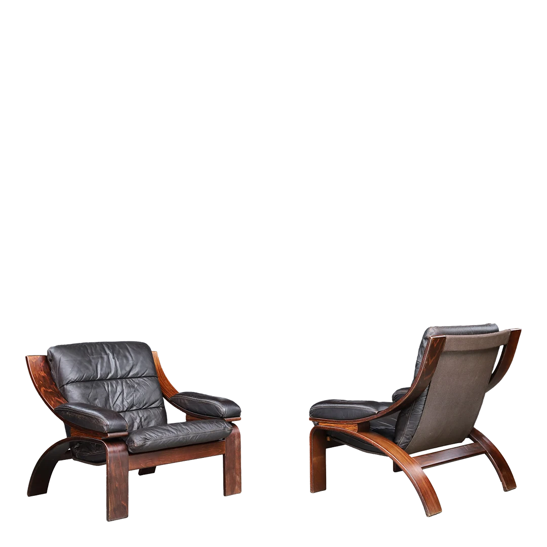 1970s Dutch COJA : bent beechwood and black leaher armchair, Netherlands