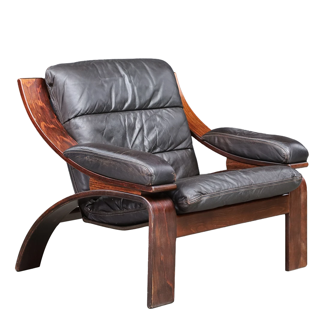 1970s Dutch COJA : bent beechwood and black leaher armchair, Netherlands