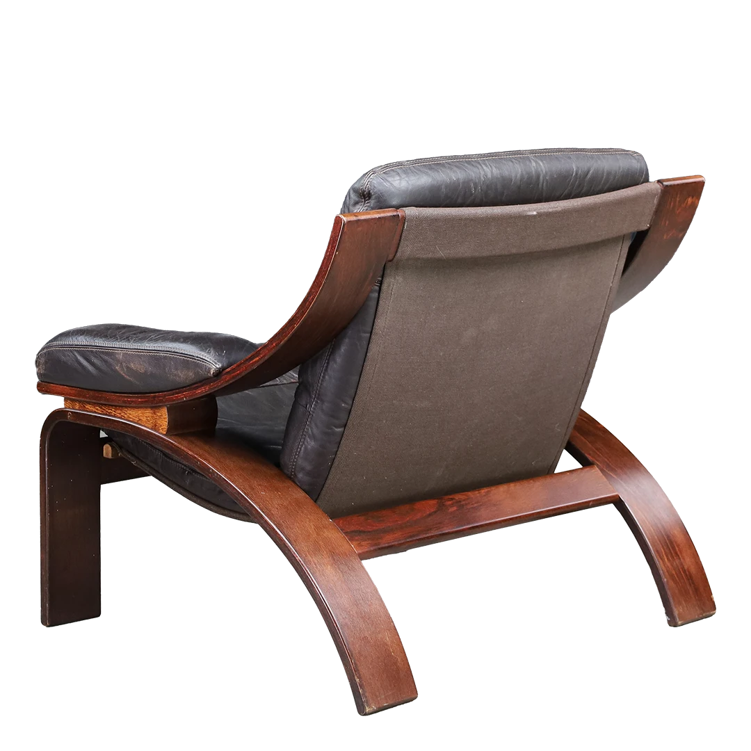 1970s Dutch COJA : bent beechwood and black leaher armchair, Netherlands